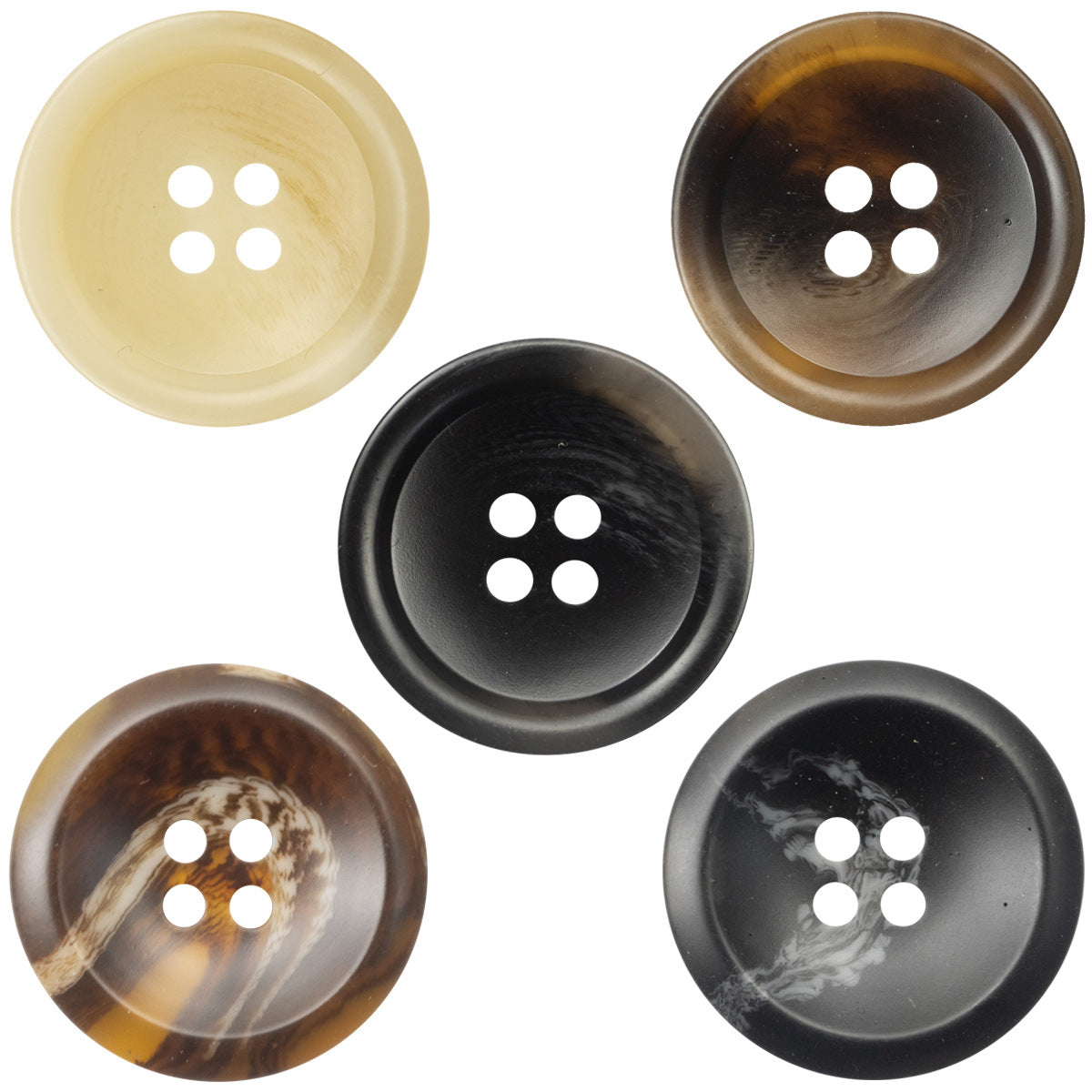 Set of 4-hole round resin buttons in black, coffee, and cream tones
