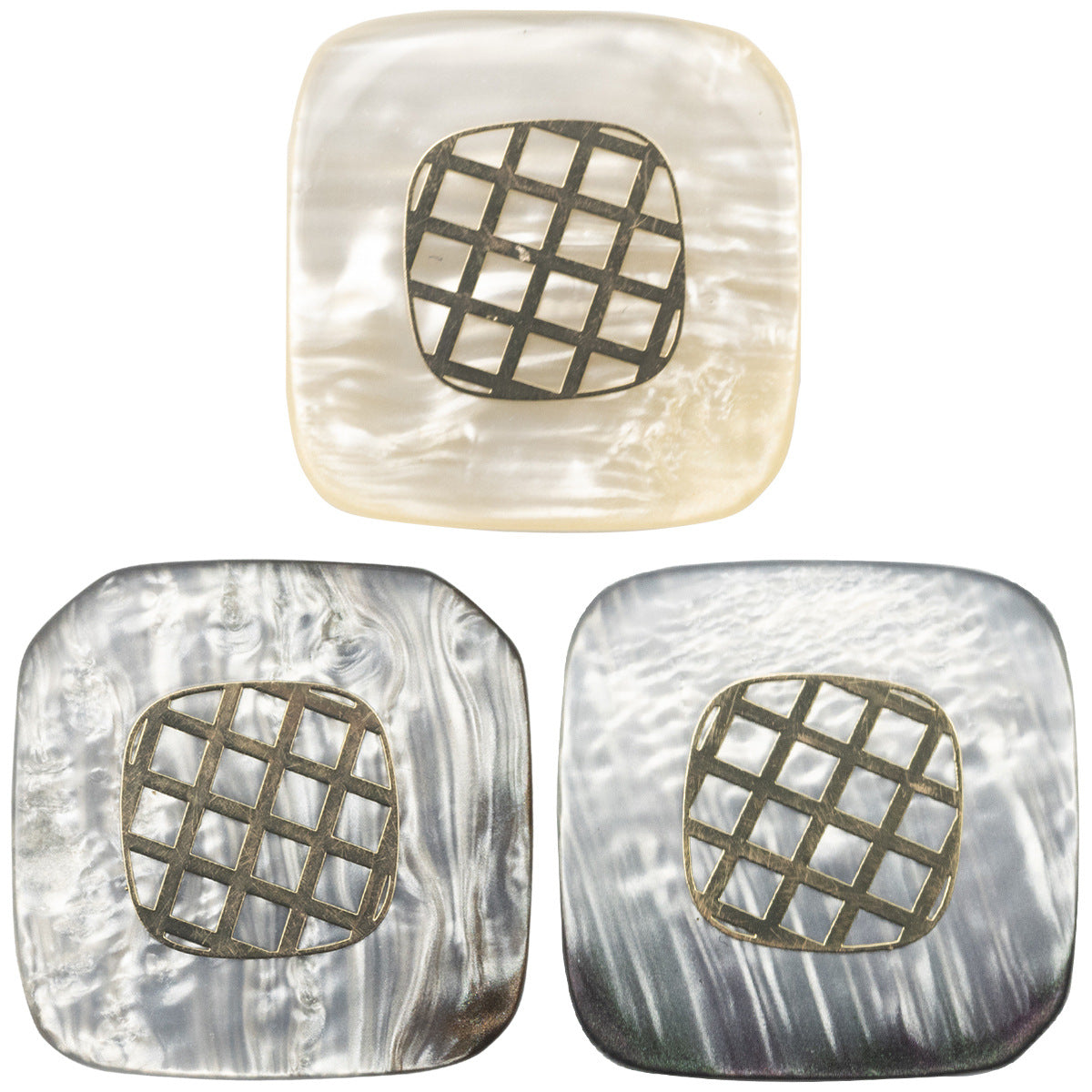 Square resin button, champagne tone with gold-foil grid check pattern