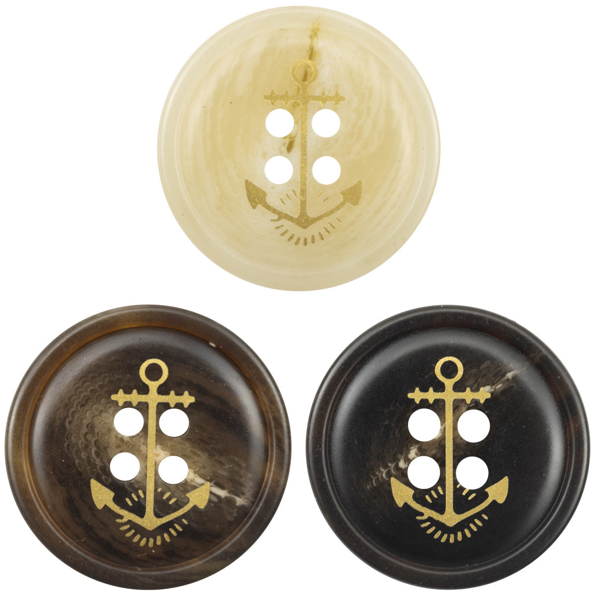 Anchor resin buttons set: cream and dark brown with gold nautical anchor design, 4-hole style