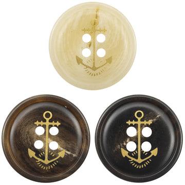 Anchor resin buttons set: cream and dark brown with gold nautical anchor design, 4-hole style