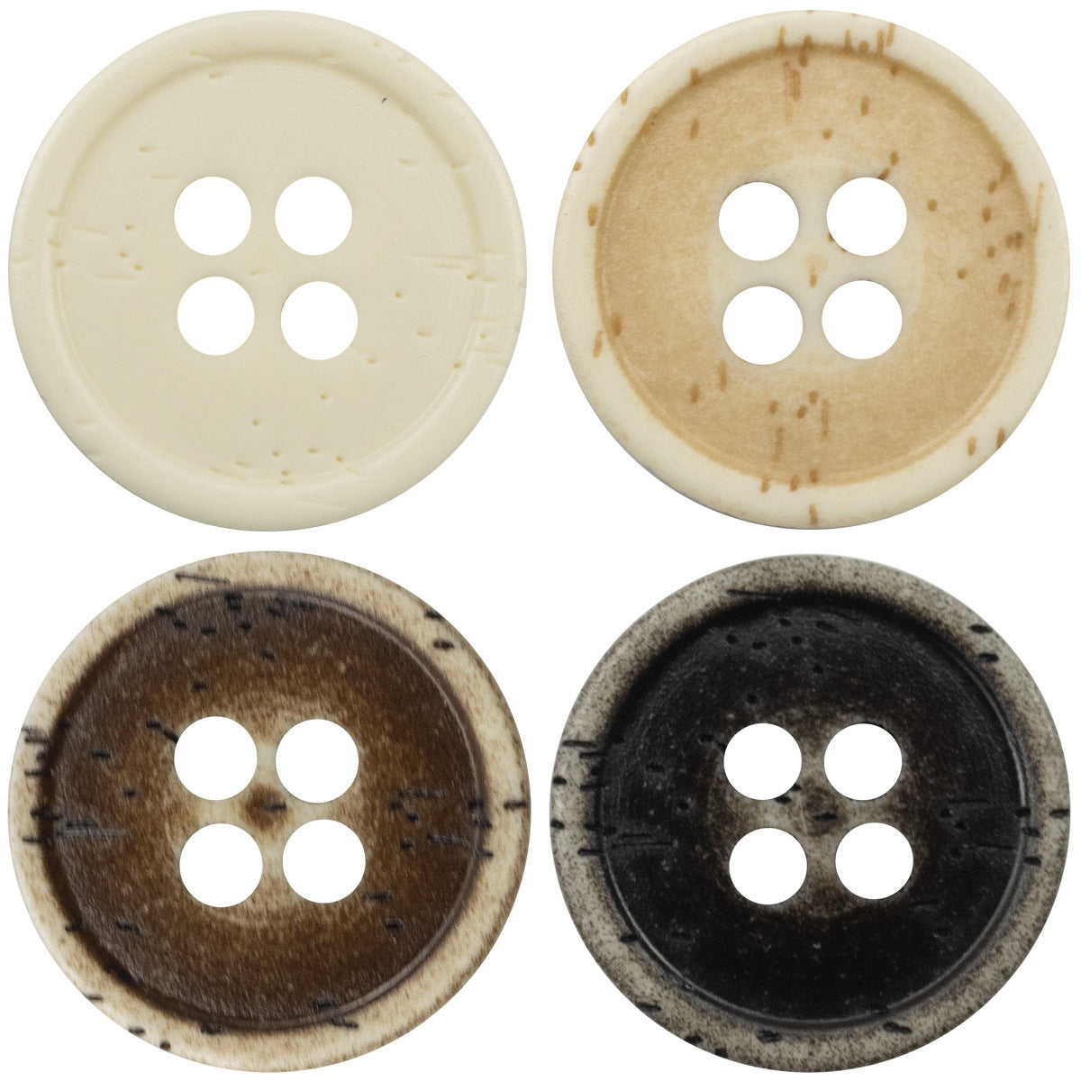 Imitation bone-grain resin buttons, distressed 4-hole set: ivory, tan, brown, black.