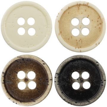 Imitation bone-grain resin buttons, distressed 4-hole set: ivory, tan, brown, black.