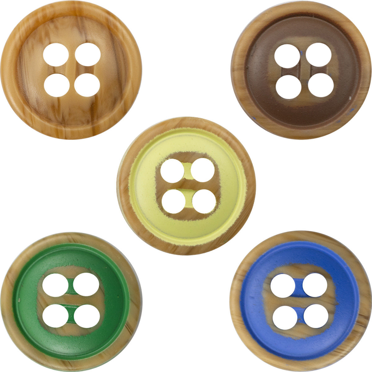 Colorful resin buttons pack, four-hole woodgrain style in multiple colors (yellow, green, blue, brown).