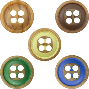 Colorful resin buttons pack, four-hole woodgrain style in multiple colors (yellow, green, blue, brown).