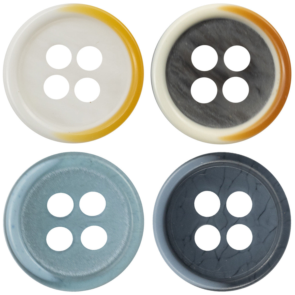 Two-tone resin buttons set: white faces with yellow or lake-blue edges, four-hole