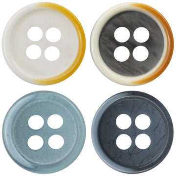 Two-tone resin buttons set: white faces with yellow or lake-blue edges, four-hole