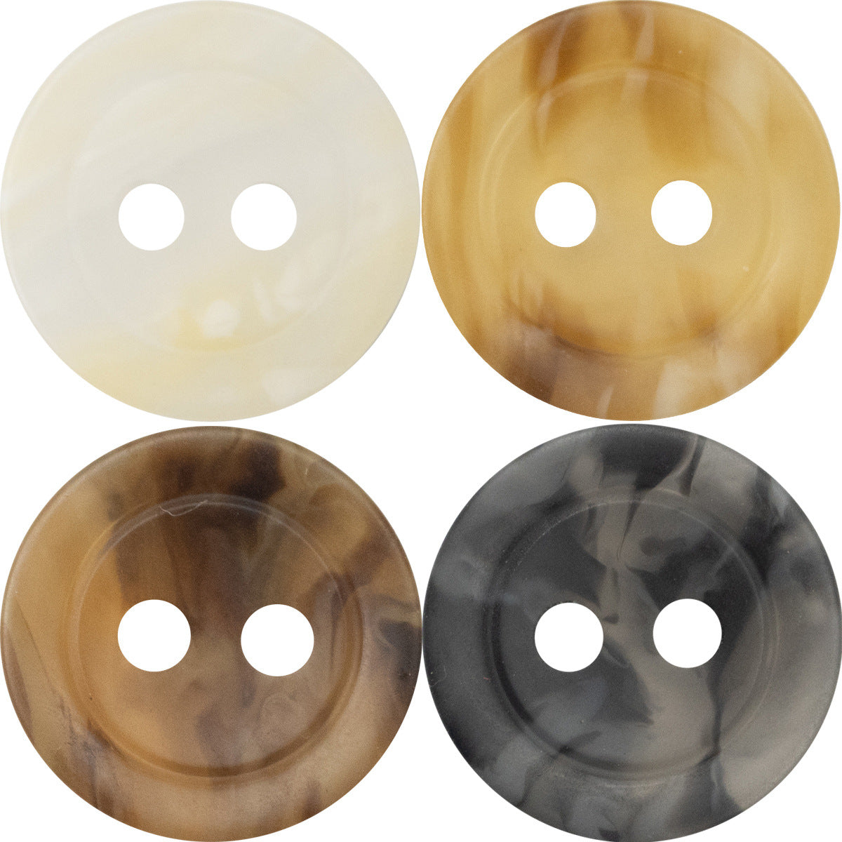 11.5mm resin 2-hole buttons: white, tan, brown & dark gray (front views, 4 pcs)