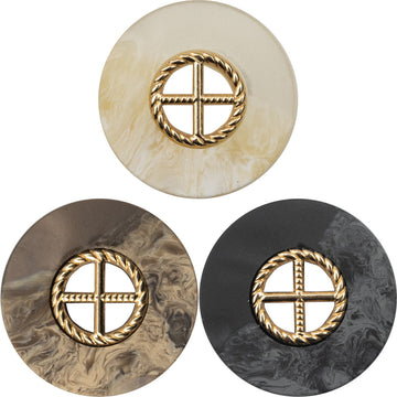 Round vintage resin button in white, gold metal cross inside rope wreath, 10-pack style