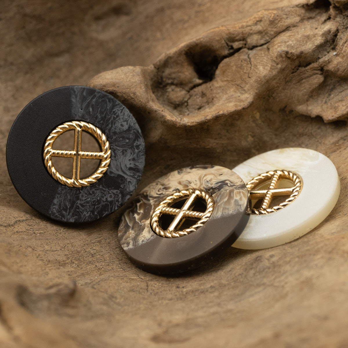 Round resin buttons: black, coffee, and white with gold cross and rope wreath trim