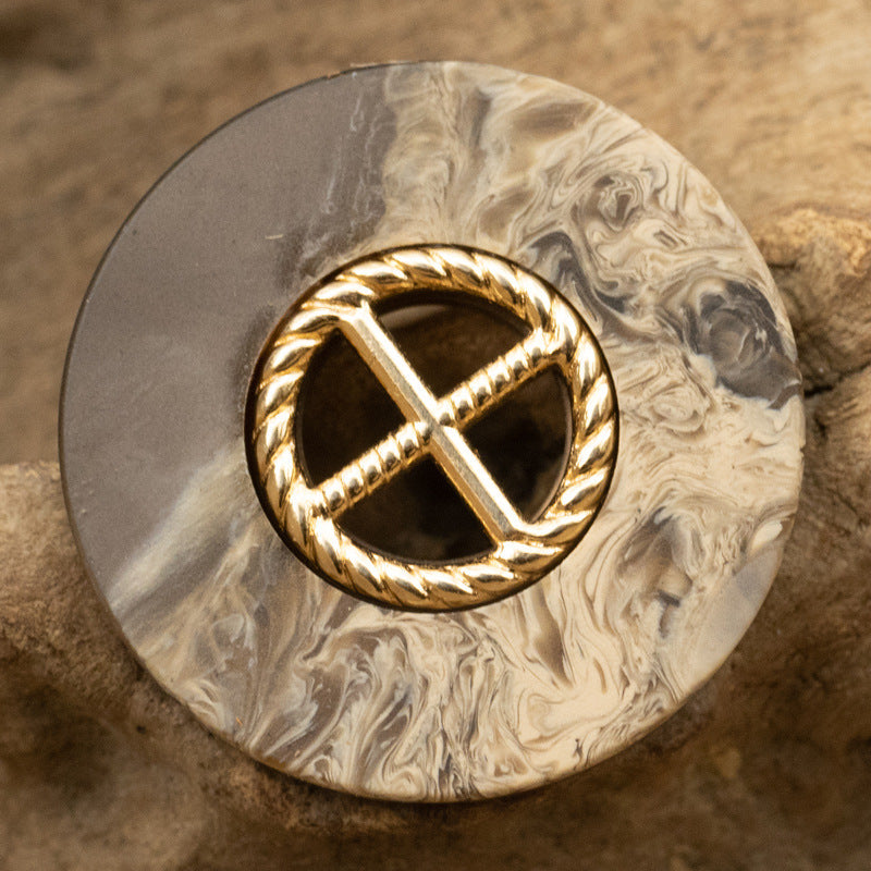 Round coffee and white resin buttons with gold cross and rope wreath metal trim