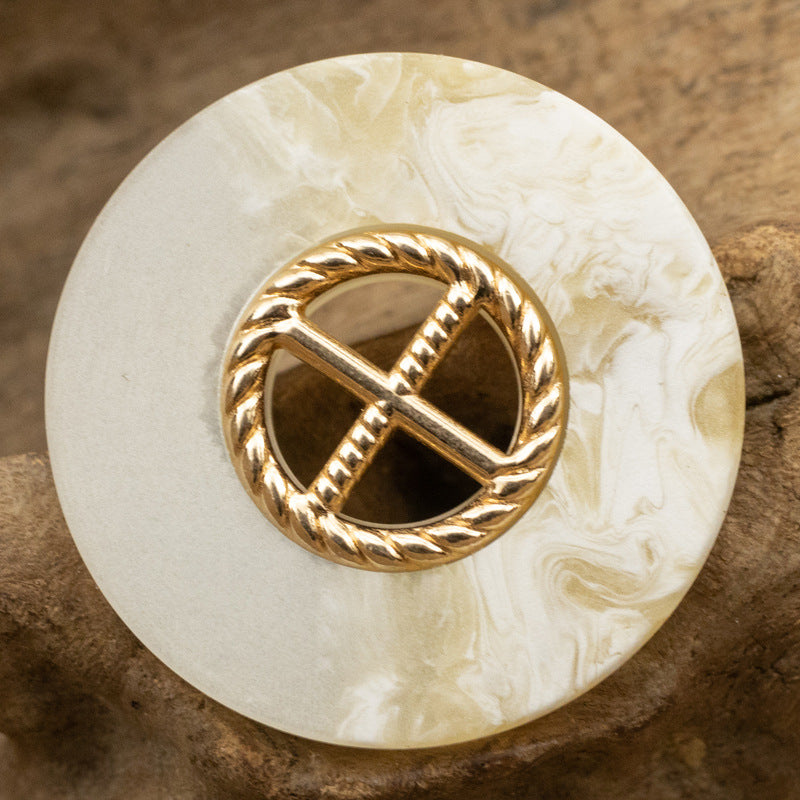 Round white resin button with gold diagonal cross detail and rope wreath edge