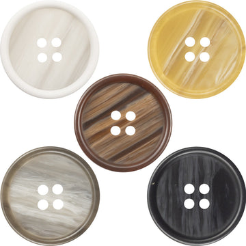 Resin buttons set, round 4-hole styles with gray, black, brown wood-grain and cream finishes