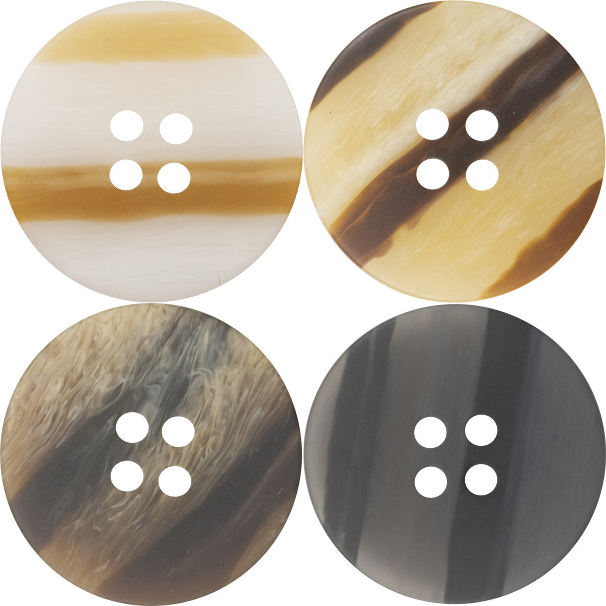 Round resin buttons, wood-grain look, 4-hole set in light, tan, gray, dark colors