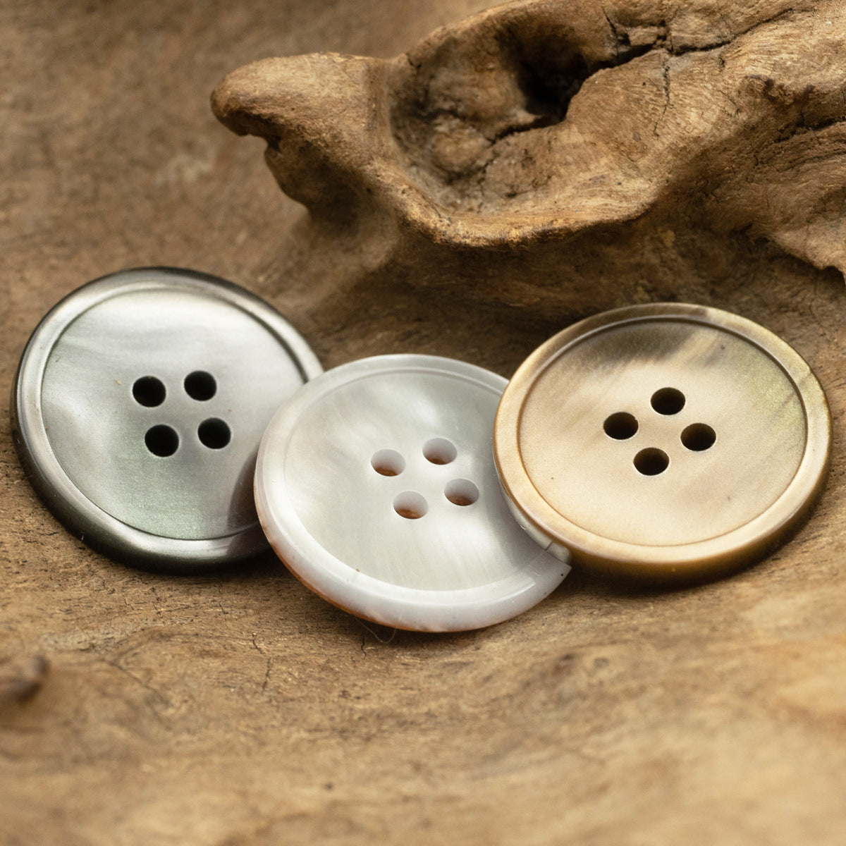 Resin 4-hole buttons in gray, white, and coffee (tan)