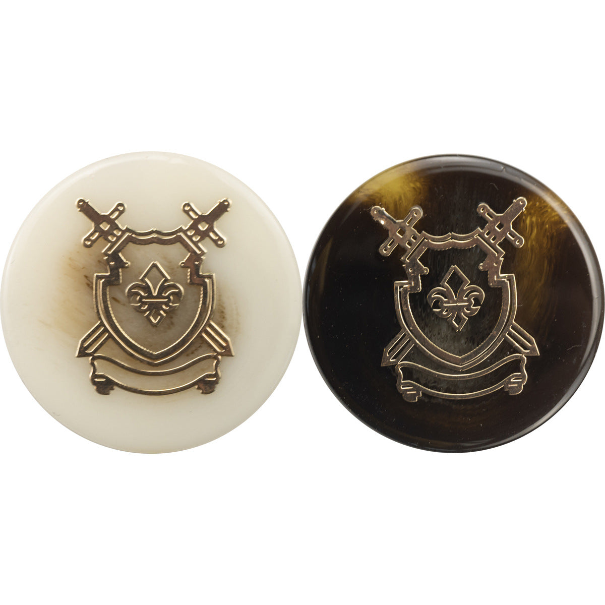 Resin anchor crest shank button, light and dark pair with gold-toned emblem