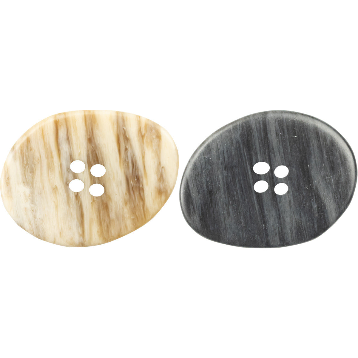 Large irregular oval resin buttons, cream and dark, 4-hole wood-grain style (6pcs)
