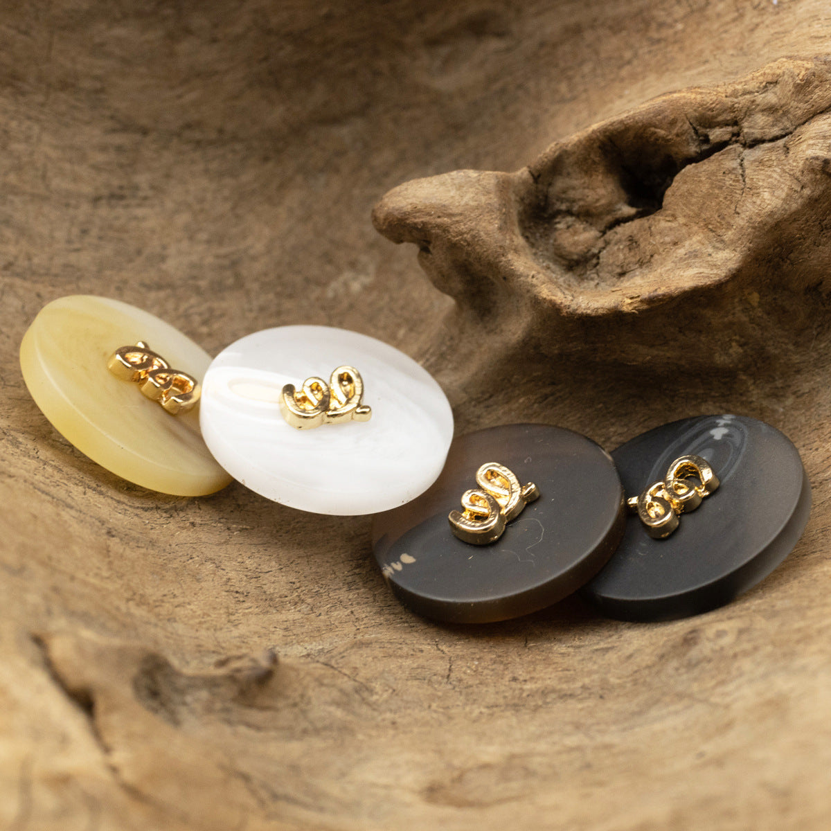 Resin blazer buttons set: white, light yellow, and dark coffee-brown with gold-tone shanks