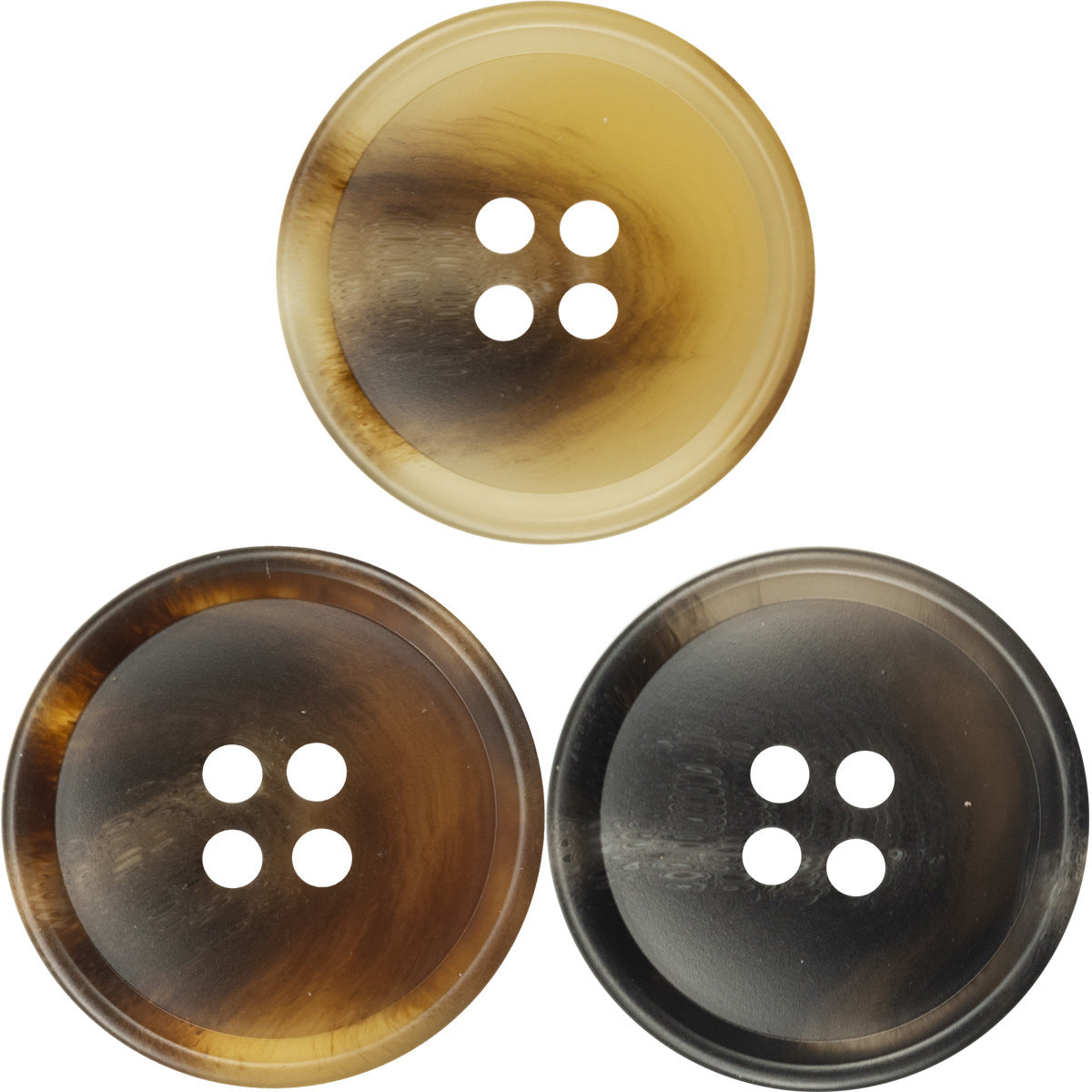 Resin coat buttons with 4 holes, amber, dark brown, and dark gray-black shades