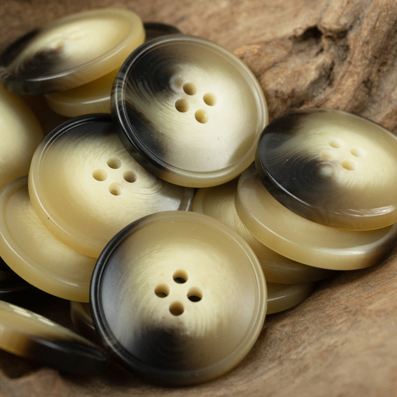 15–30 mm resin buttons, 4-hole style, light khaki and dark accent tones