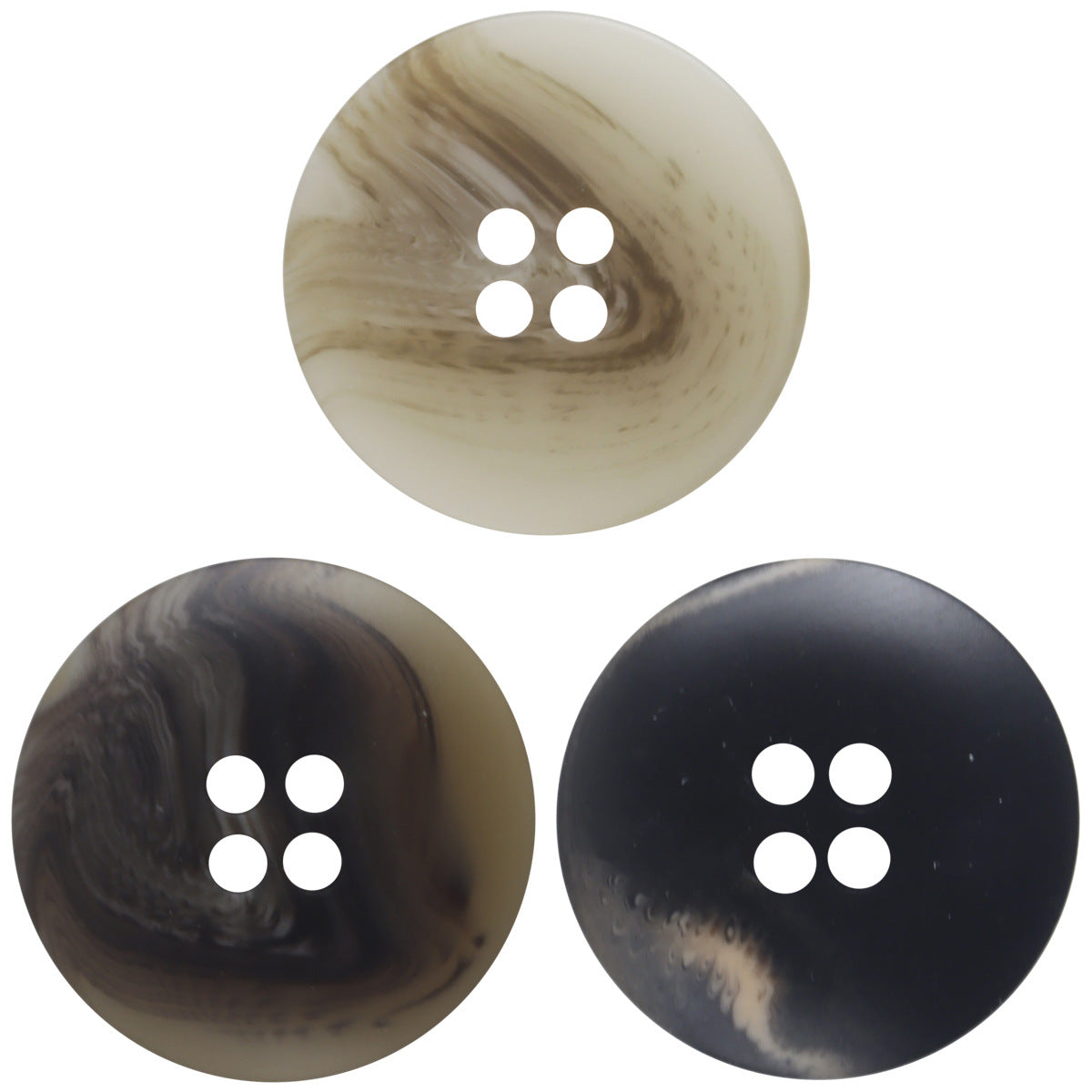 Resin V-pattern trousers buttons: khaki top, brown left, black right, 4-hole design