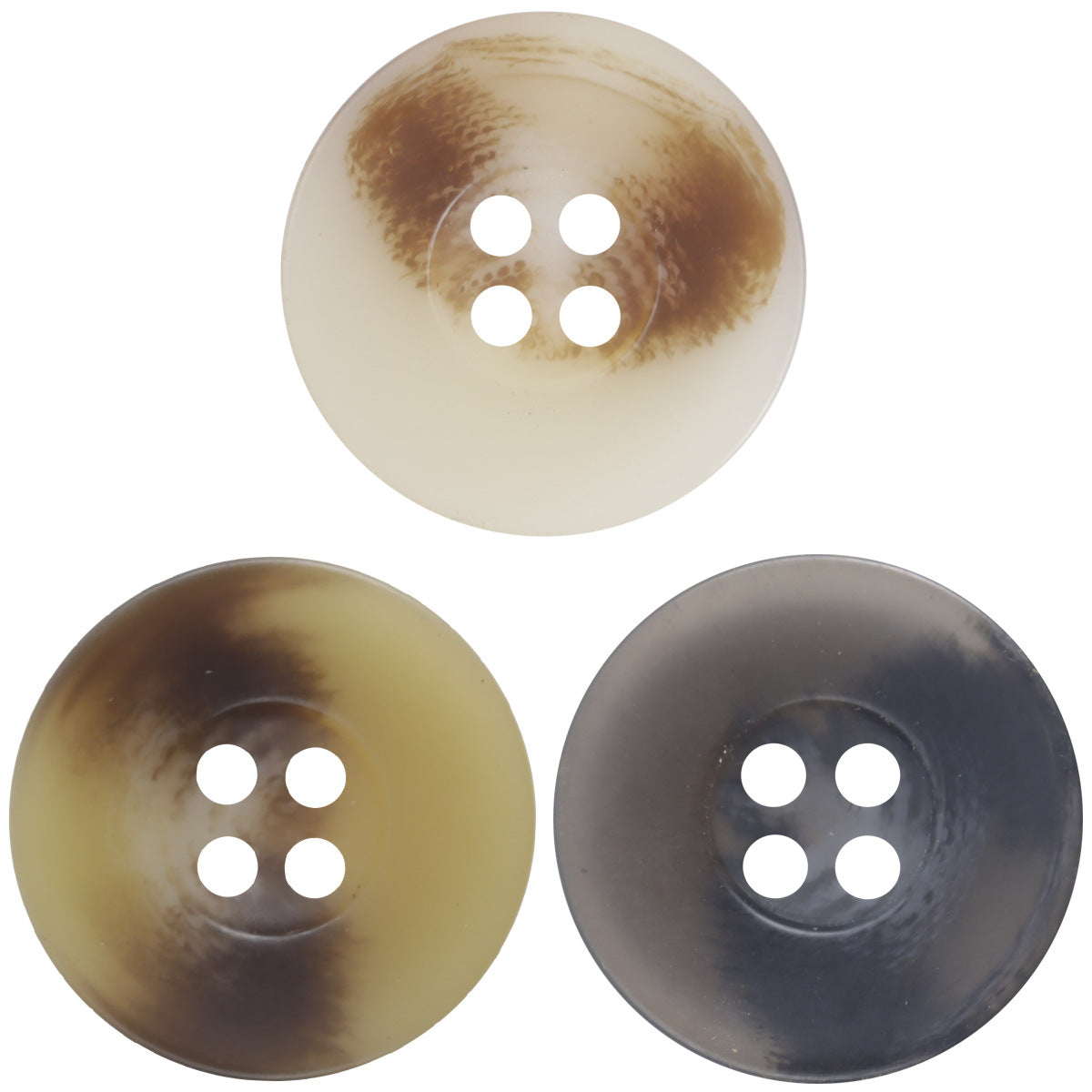 Four-hole resin buttons set: beige, khaki and black, wide edge, for trousers