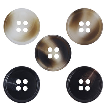 Resin 4-hole buttons, amber-brown and dark round flat design for trousers