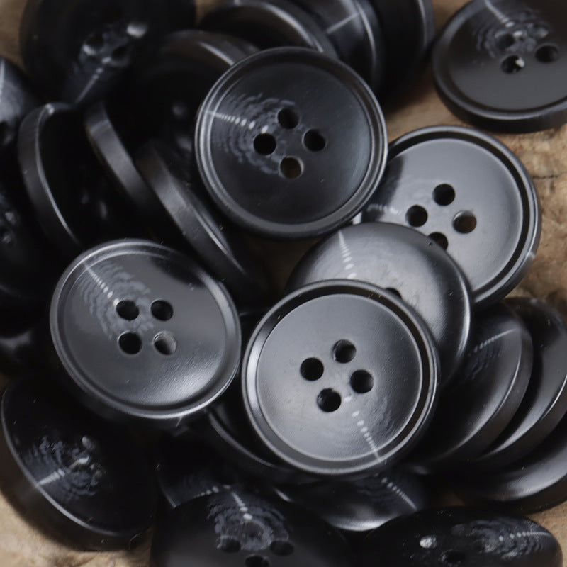 Dark gray-black resin 4-hole buttons, round flat with four holes