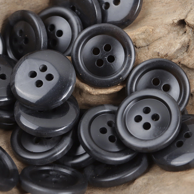 Dark resin buttons in black/charcoal, round 4-hole, stacked set