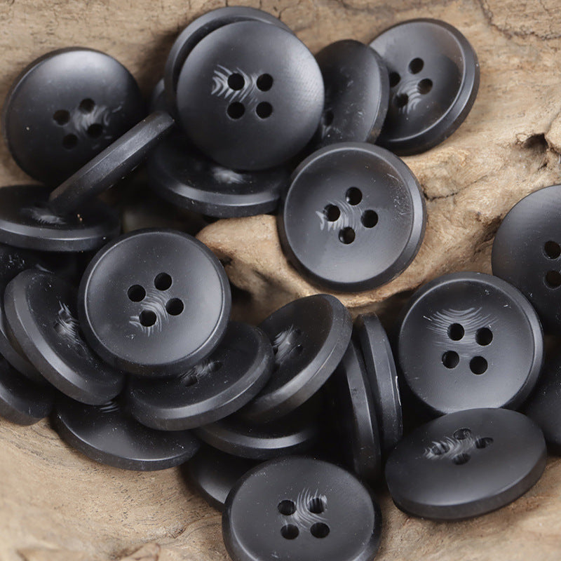 Dark charcoal resin buttons, round 4-hole, glossy grain texture