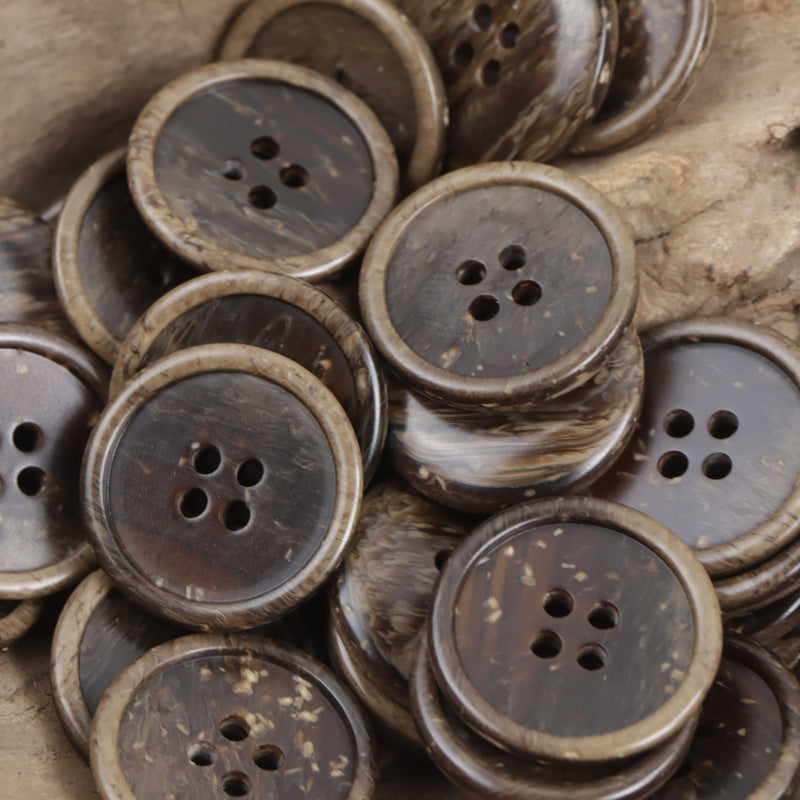 Four-hole resin buttons, brown wood-chip texture, round, 4-hole button face