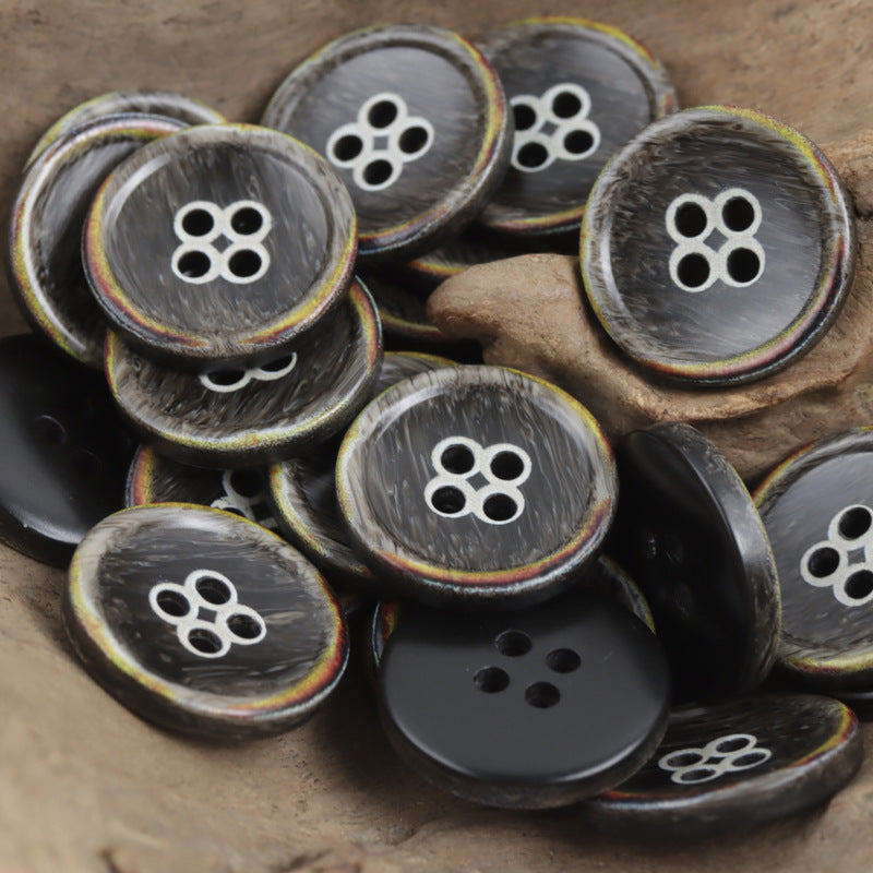 Dark gray 4-hole round resin buttons with multicolor vintage rim