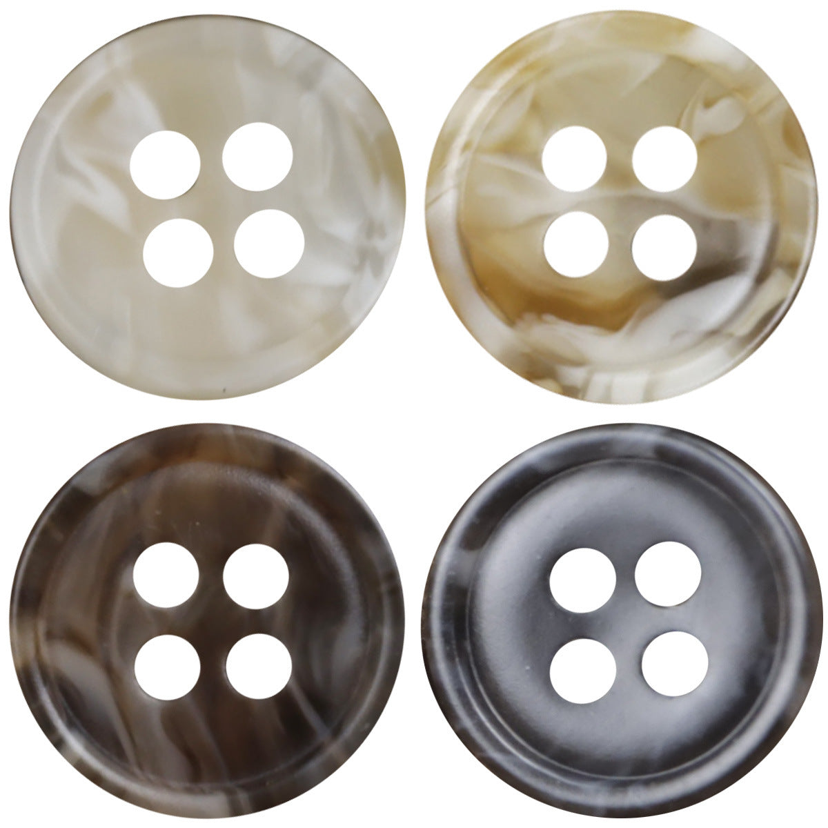 Brown resin buttons, 4-hole round design with marbled finish (11.5/12.5mm)