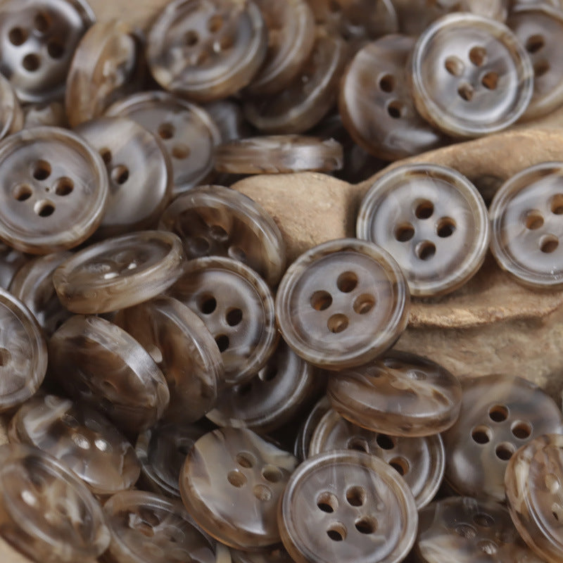 Dark brown round 4-hole resin buttons with swirled marbled finish, 11.5/12.5mm