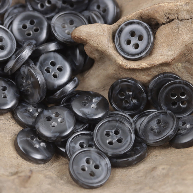 Gray round 4-hole resin buttons with glossy marbled pattern, 11.5/12.5mm
