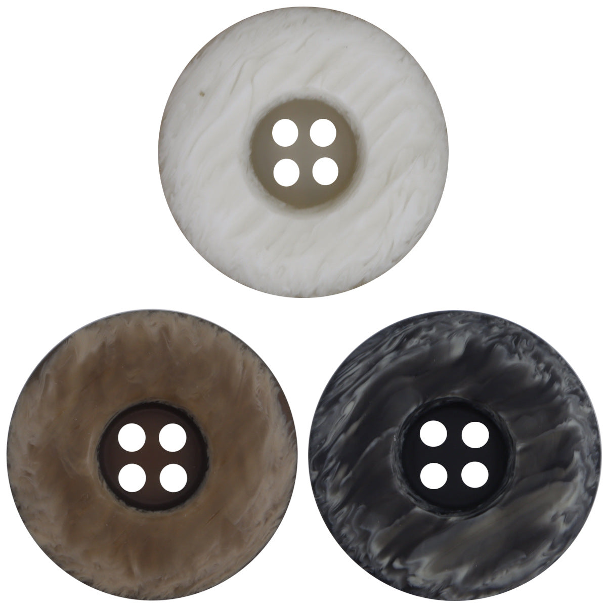 Two-tone resin buttons in white, coffee and black marble finish, 4-hole