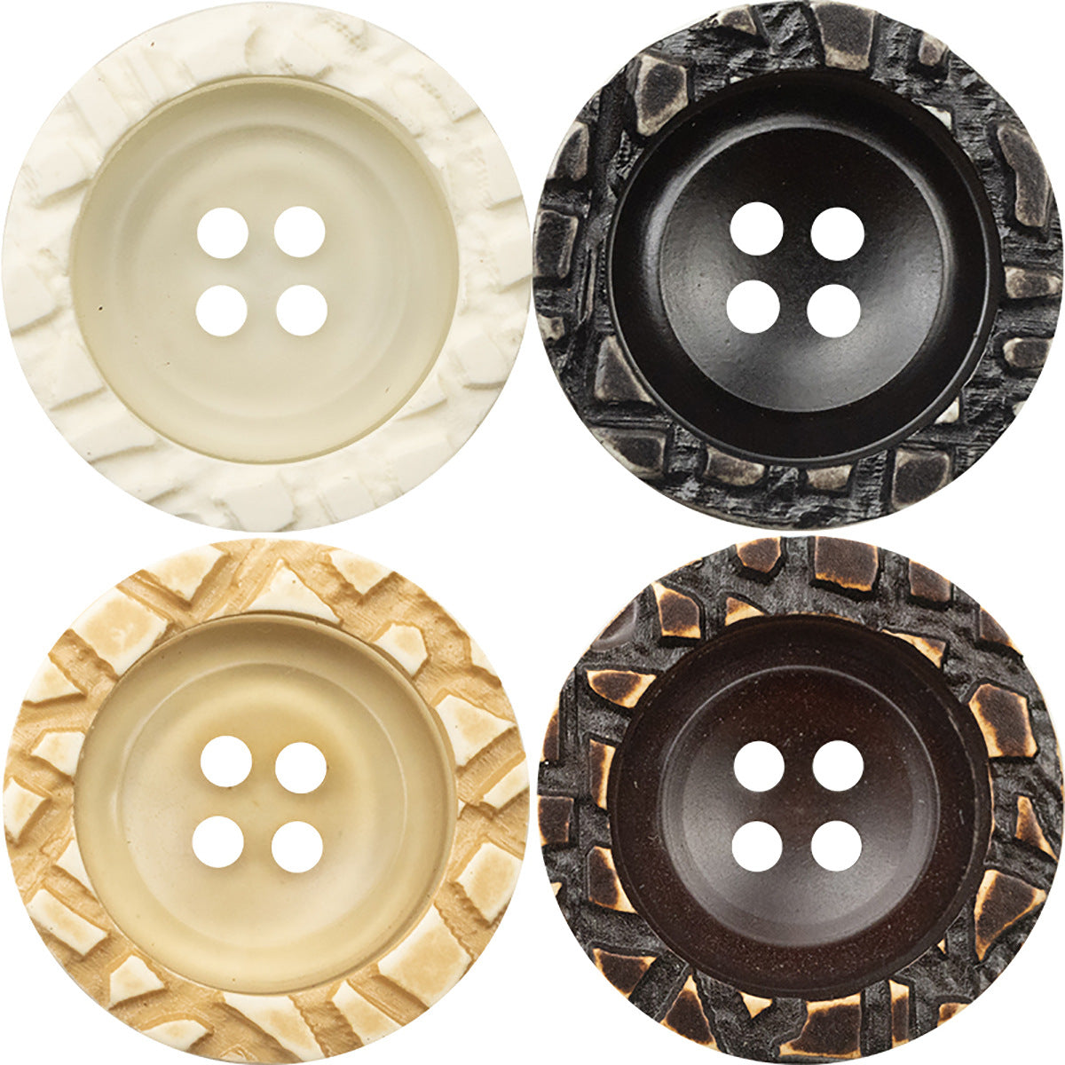 4-Loch-Resin-Knöpfe mit körnigem Rand: weiß, khaki, braun und schwarz (10er)