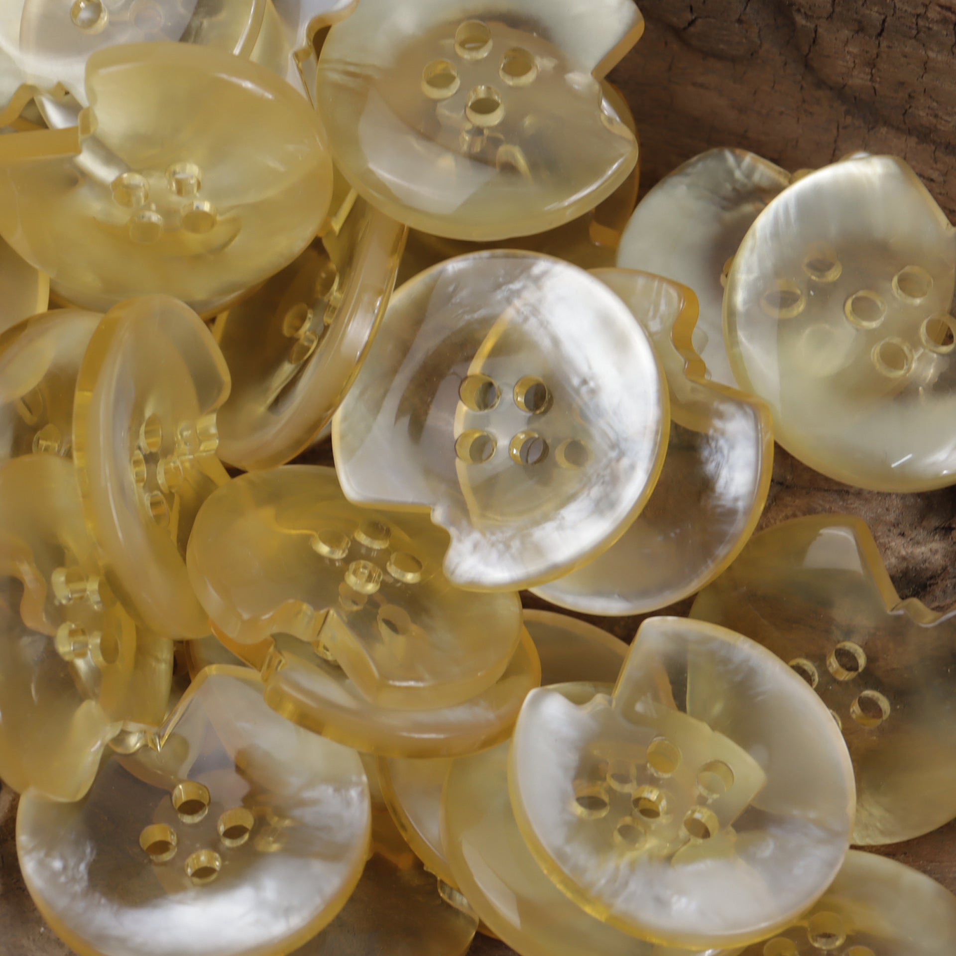 Nahaufnahme: transparente Resin-Knöpfe in Malt, 4 Löcher, goldfarbene Einsätze