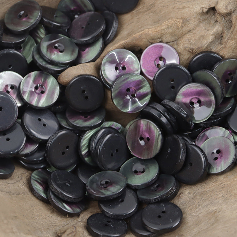 Black round resin buttons with two holes, iridescent sheen, mixed set
