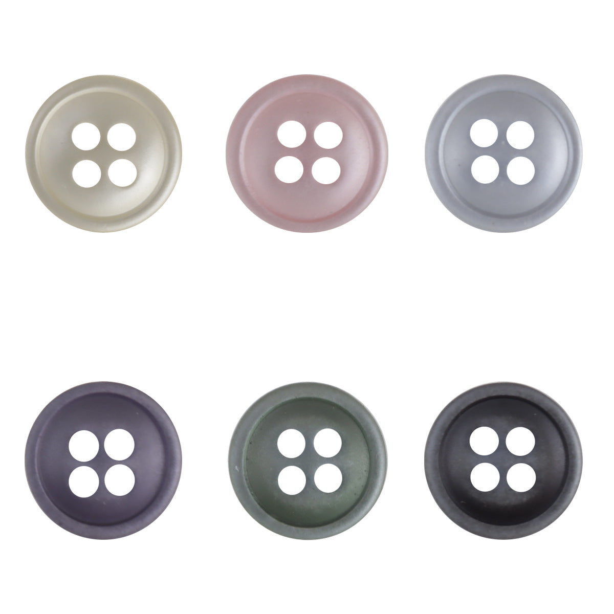 11.5mm resin shirt buttons, six 4-hole colors: beige, pink, blue-gray, navy, green, black