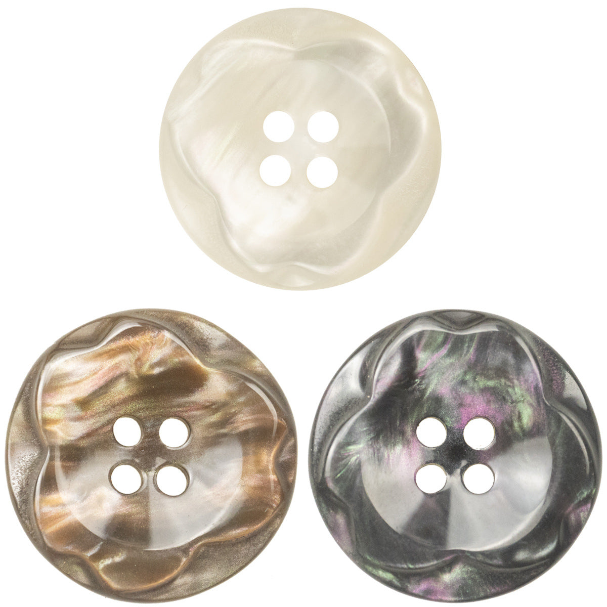 Resin button, 25mm, four-hole, white, flower-style swirl edge