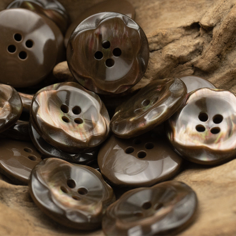 Coffee resin buttons, 25mm, four-hole, iridescent brown-silver finish