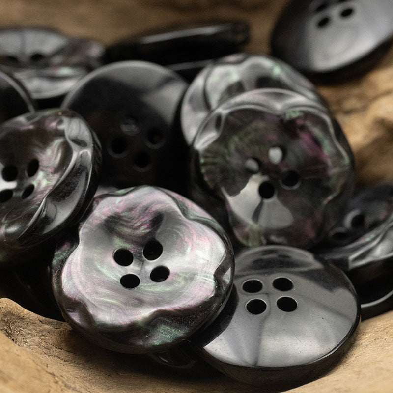 Black resin buttons, 25mm, four-hole, iridescent silver-gray finish