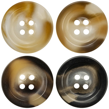 Resin coat button set: round 4-hole, tan and dark mottled finishes (2 angles).