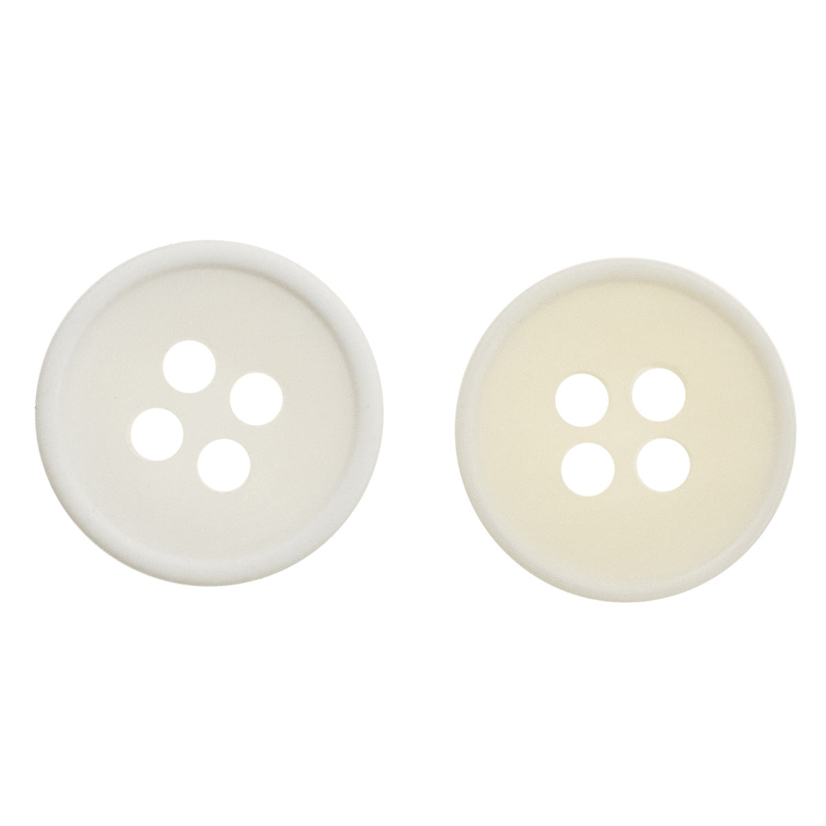 11.5mm resin shirt buttons, translucent 4-hole, white and beige (front view)