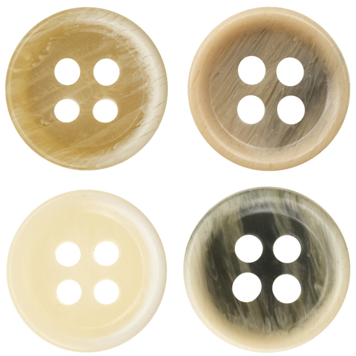 Textured resin shirt buttons, dark khaki and black, 4-hole design, round set