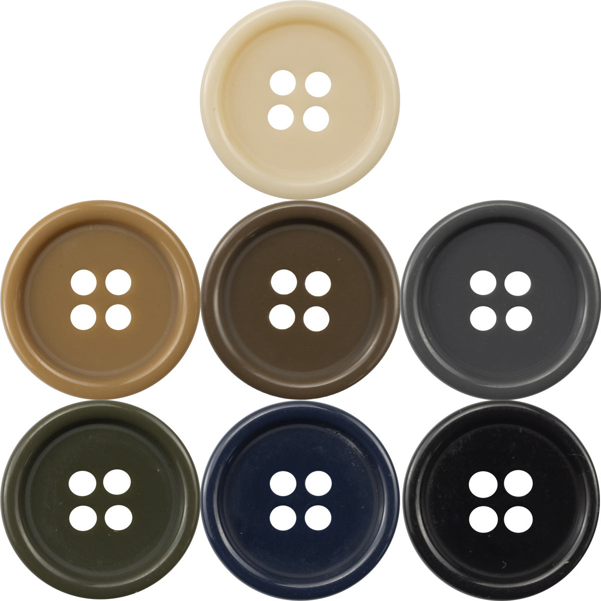 Round four-hole resin buttons, mixed beige, brown, olive, navy and black tones