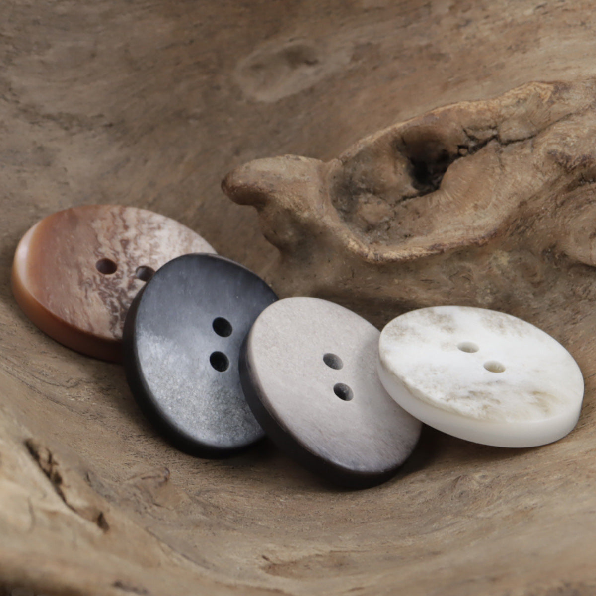Oval gradient resin buttons with two holes, mixed neutrals: tan, rose, gray, white