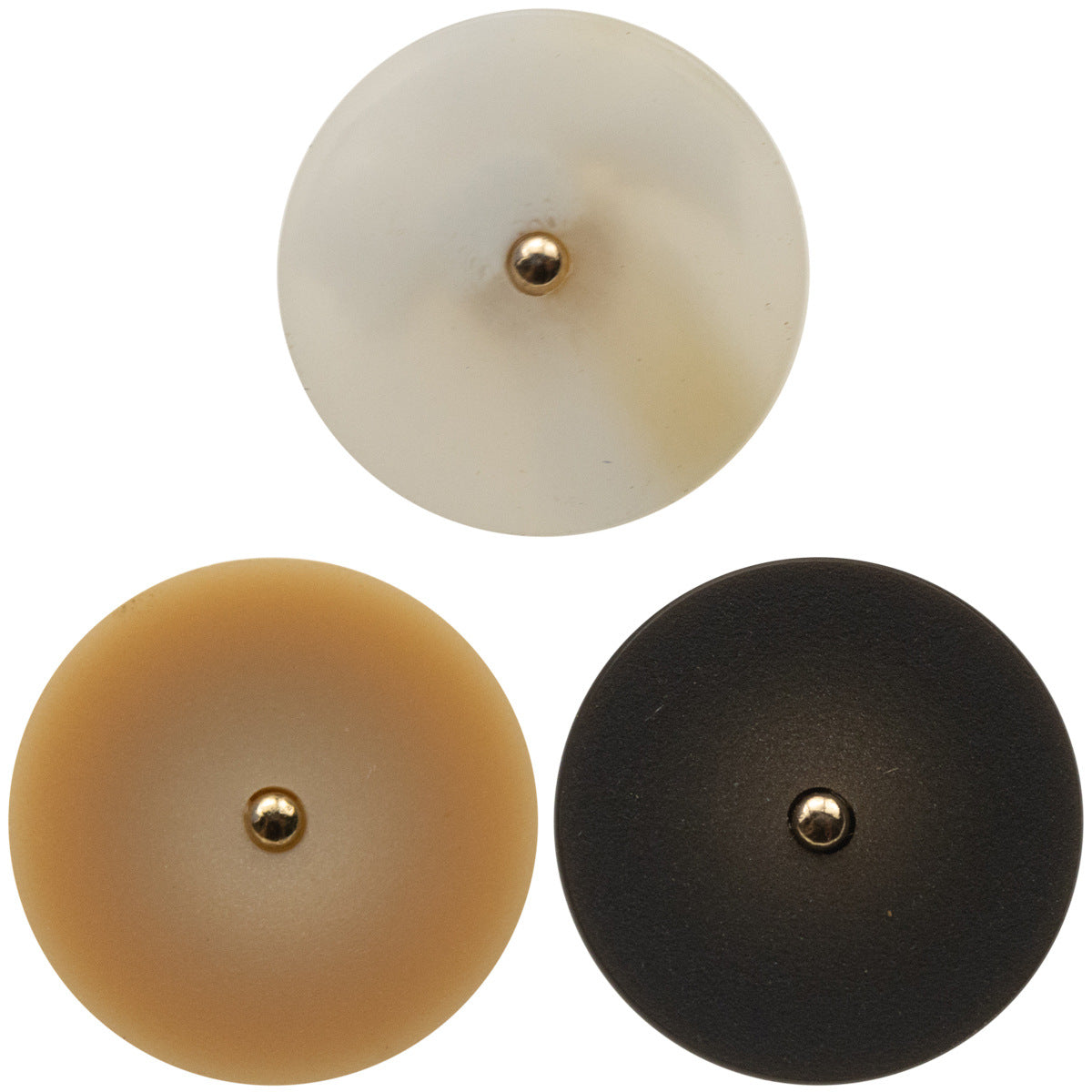 Round frosted resin buttons with metal shanks—orange, beige, and dark options shown