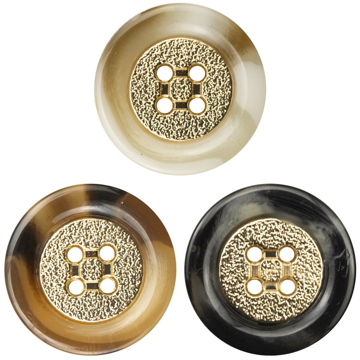 Khaki round resin button with gold metal rim and four holes for knitwear