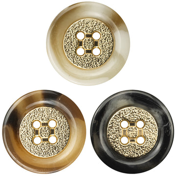 Khaki round resin button with gold metal rim and four holes for knitwear